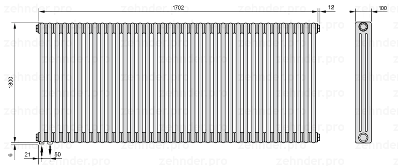 Схема (чертеж) Радиатор Zehnder Charleston 3180/37 №3370 Белый глянцевый RAL 9016